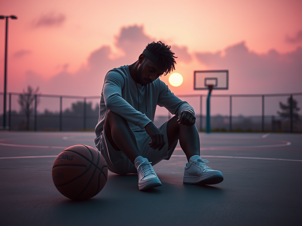 A basketball player sits alone on a quiet outdoor court at sunrise, resting beside a ball in calm reflection. The soft light symbolizes peace, faith, and unseen growth during a silent season.