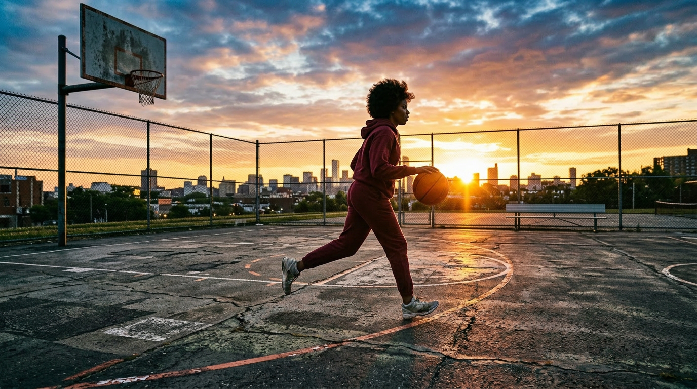 Woman running and dribbling basketball on outdoor court during sunset
