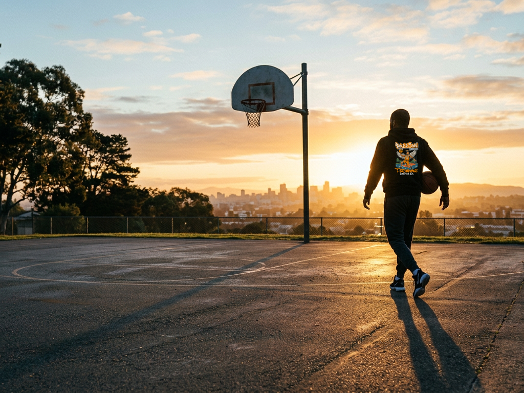 Person in a Heralds of Our Passion (H.O.O.P.) Midnight Flight Hoodie walking on basketball court at sunset with a basketball
