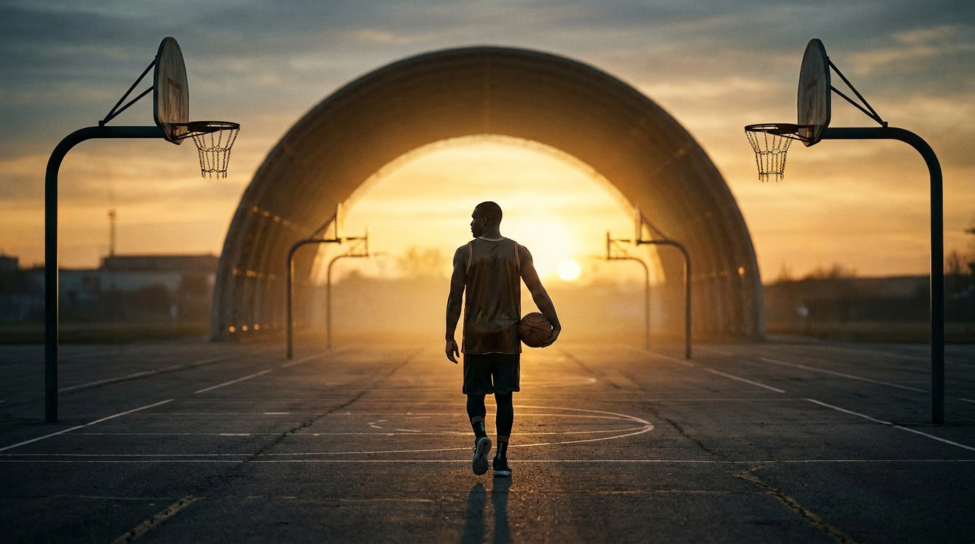 Basketball player holding ball walking on outdoor court at sunset