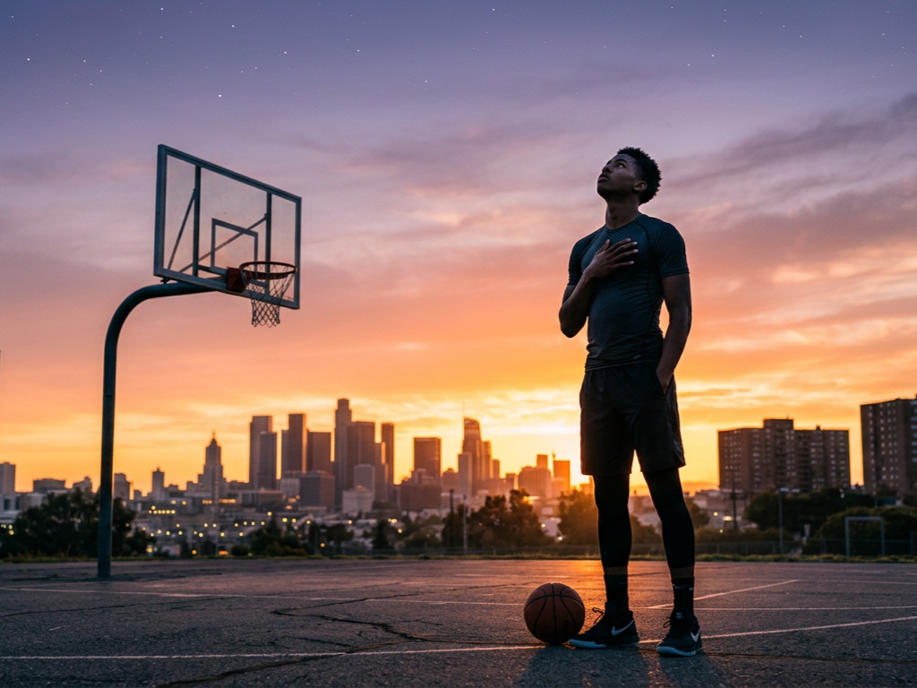Young man standing on an outdoor basketball court at sunset with city skyline in the background, resting a basketball by his feet and looking up