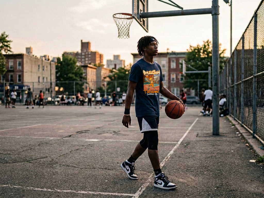 Young basketball player walking on outdoor court holding a basketball